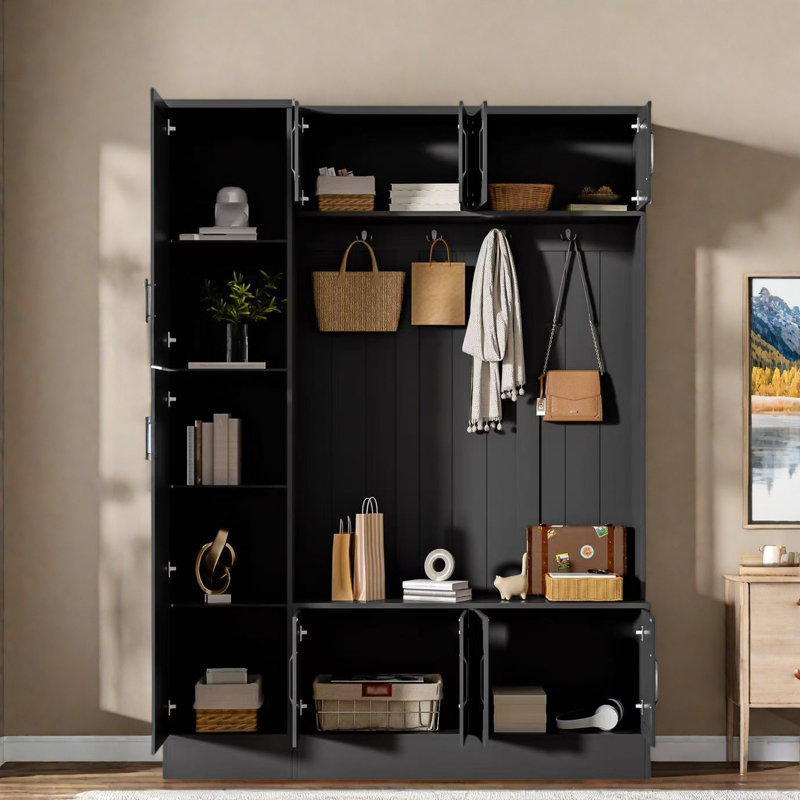 4-in-1 Tall Modern Hall Tree With Shoe Storage,  Cabinets, Coat Hooks, Metal Handles And Adjustable Shelves, Black