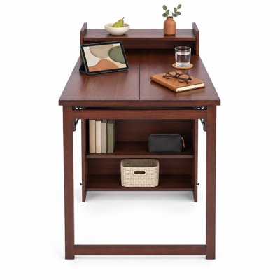 Bureau pliant en bambou pour petits espaces, bureau dissimulé avec étagère de rangement, bureau d'ordinateur pliable pour chambre ou bureau à domicile, table pliante de style milieu du siècle