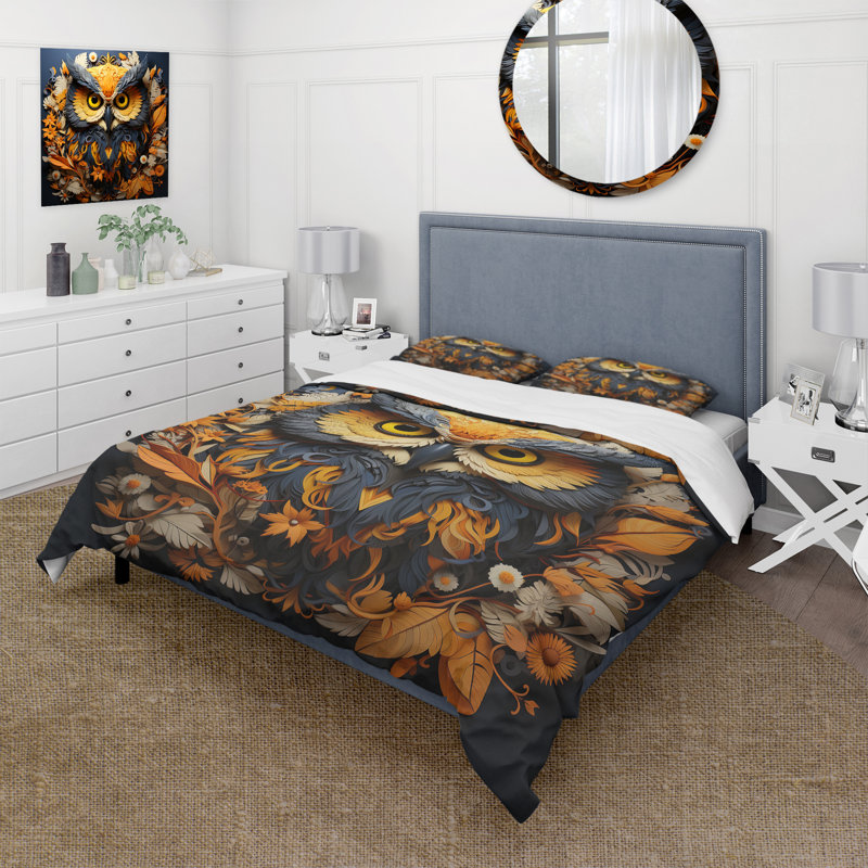 Ensemble de housse de couette en hibou jaune, Housse de couette pour grand lit et 2 taies décor