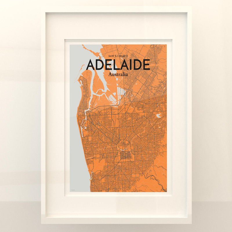 Adelaide City Map, impression, H 27,6 po x l 19,7 po, Orange et gris