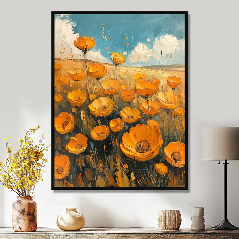 Orange bleu, bouton d'or Meadow Bliss - Buttercups, art mural, Toile avec cadre flottant noir, H 40 po x l 30 po x P 1,5 po