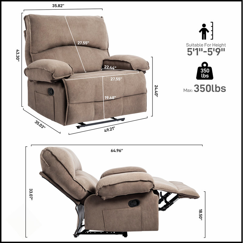Fauteuil inclinable manuel surdimensionné avec massage chauffant pour un confort et une détente ultimes dans le salon, Brun