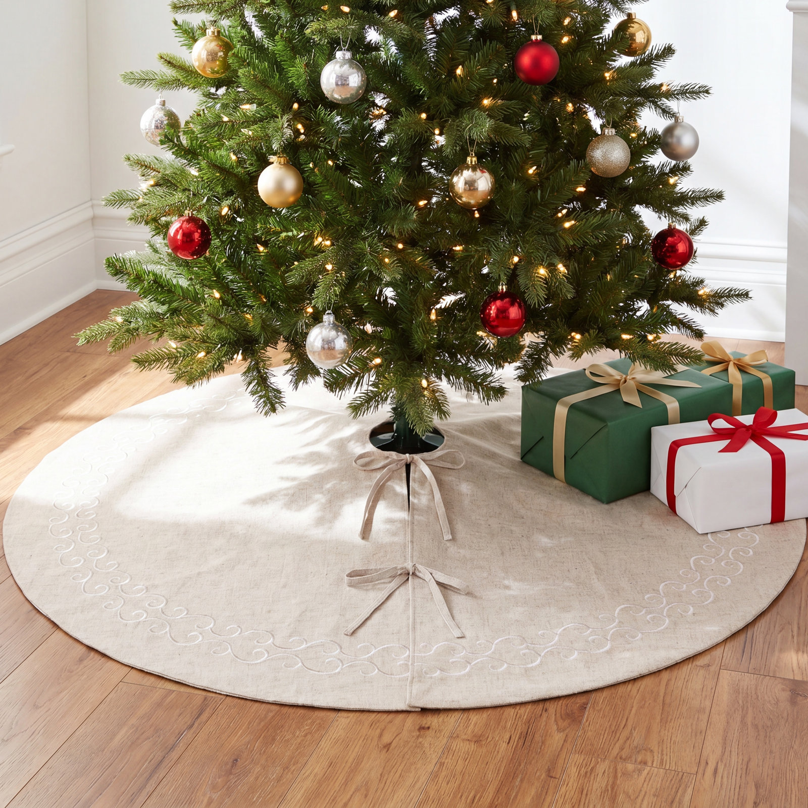 Embroidered Tree Skirt, 56" x 56", Natural