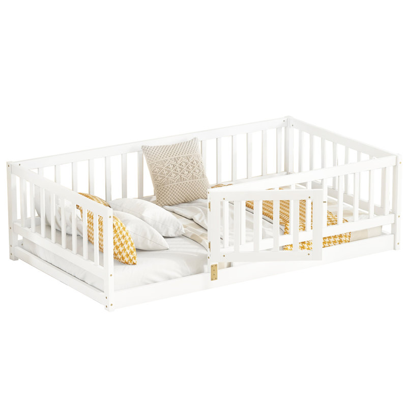 Lit simple au sol - pin blanc, structure stable simple, blanc, bois de pin