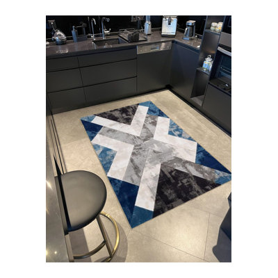 Machine Washable Geometric Blue X Patterned Creative Modern Decorative Area Rug