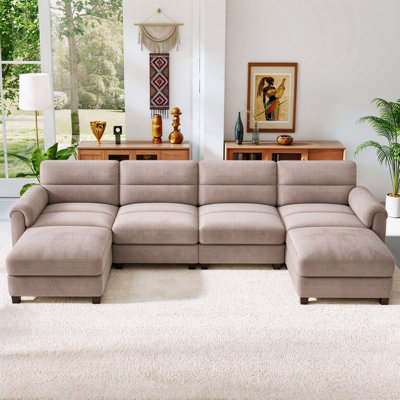 Canapé modulaire rembourré en velours côtelé 7 pièces Dona, 2 repose-pieds, accoudoir à plateau-coussin