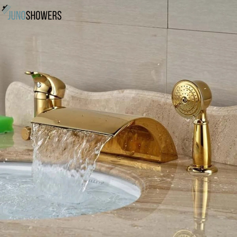 Robinet de baignoire large à fixation sur le comptoir avec douchette à main - Finition nickel brossé moderne par Juno Showers