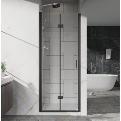 32 po x 72 po Porte de douche pivotante en verre pliable sans cadre 1/4 de pouce (6 mm) Panneau de douche en verre trempé transparent au fini noir, installation réversible