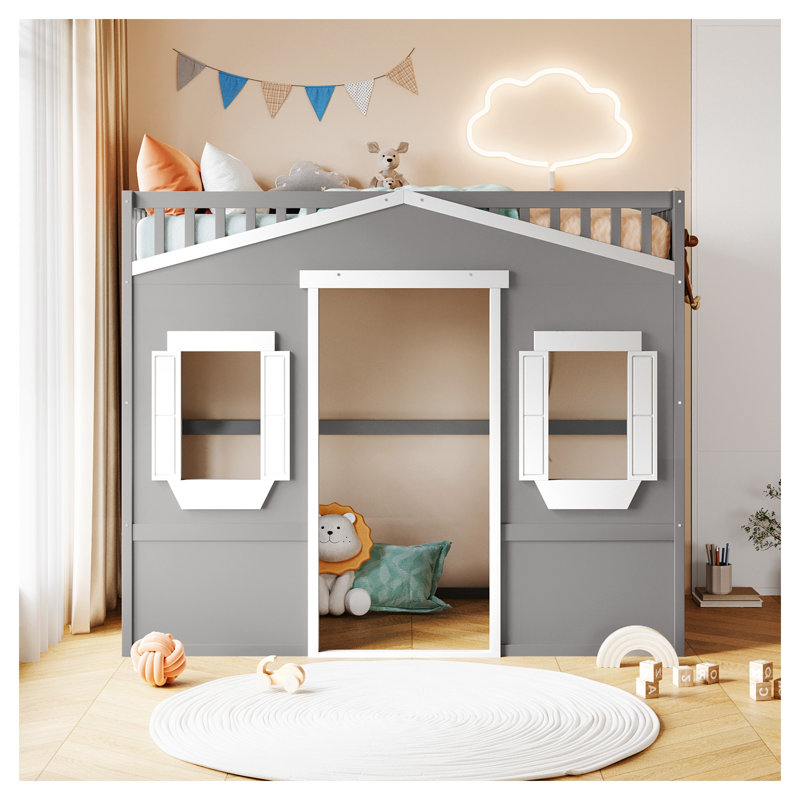 Lit mezzanine simple avec échelle, structure en bois massif blanc et gris