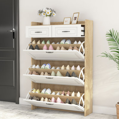 White + Brown Shoe Cabinet With 3 Rotating Drawers, Offers Ample Storage 3 2 Brown, Space Design