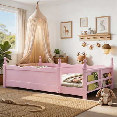 Queen Montessori Floor Bed with Full-Length Guardrails and Side Bookshelf, Low-Profile Kids Floor Bed with Storage – Pink