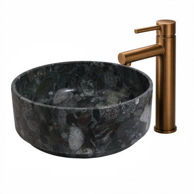 Hand Carved 16" Natural Stone Round Bathroom Vessel Sink,Green Marble Bathroom Sink, Vanity Bowl Basin