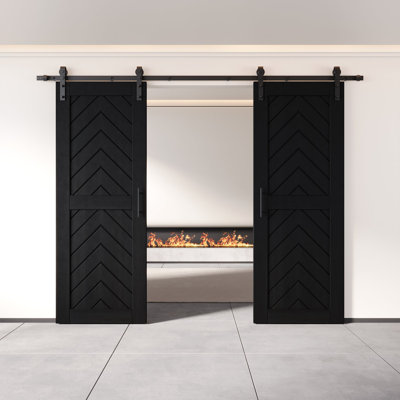 Homacer Black 42 in. x 80 in. Finished & Unassembled 4-IN-1 Fishbone DesignTwo Barn Door with Non-Bypass Installation Hardware Kit, 15ft track, interior use only