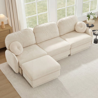 105" Oversize Chenille L-Shaped Sofa,Deep Seat Sofa Couch with Movable Ottoman,Exquisite round pillows and quilted back cushions,Recessed Base Frame Legs,Easy Assembly,Fits Living Room,Cream Beige