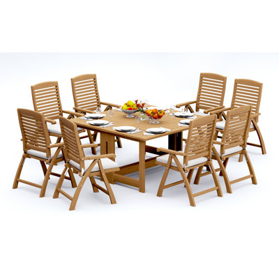  5 Pcs Grade-A Teak Wood Dining Set: 60" Square Rectangle Butterfly Table And Ashely Folding Reclining Arm Chairs #11AS1404