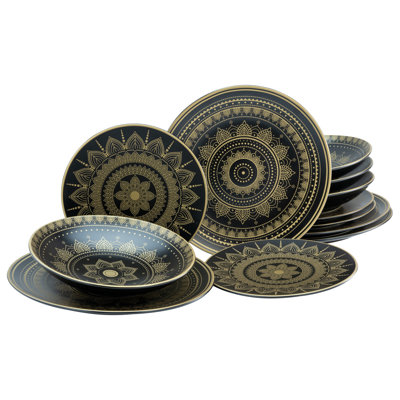 MANDALA GOLD 12 Piece Dinnerware Set, Service for 4
