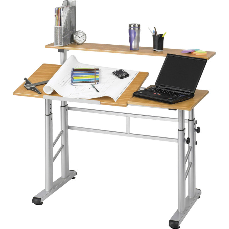 Medium Oak Adjustable Height Drafting Table with Shelving