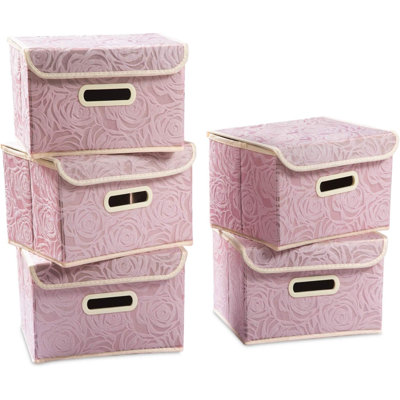 Stackable Storage Boxes With Lids [5-Pack] Fabric Decorative Storage Bins Cubes Organizer Containers Baskets With Cover Handles Divider For Bedroom Closet Living Room