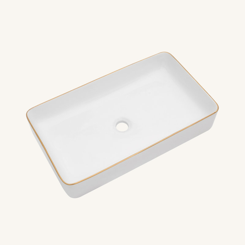 White Ceramic Rectangular Vessel Bathroom Sink, White/Gold