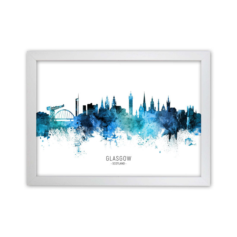 Glasgow Scotland Skyline Blue City Name by Michael Tompsett - Print, White Framed, 64cm H x 88cm W x 3cm D