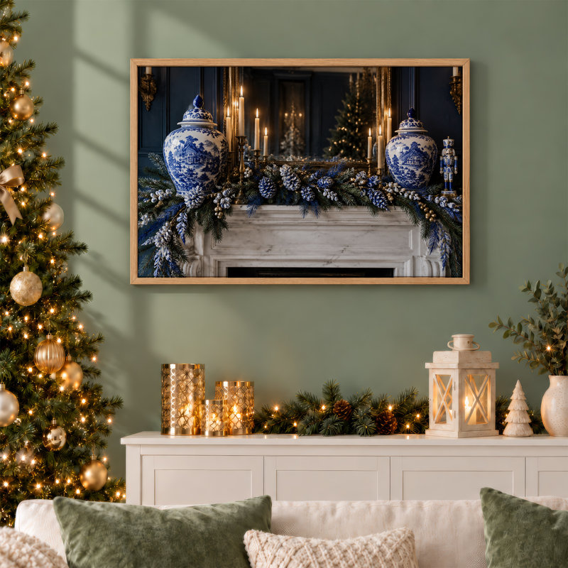 «Blue Porcelain Jars and Pinecone Garland on Christmas», art mural sur toile, 18"H x 24"W
