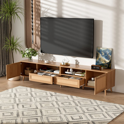 90 Inch Rattan TV Stand, Modern Farmhouse Media Console With Solid Wood Legs, Boho Entertainment Center For Living Room And Bedroom | Gift Idea