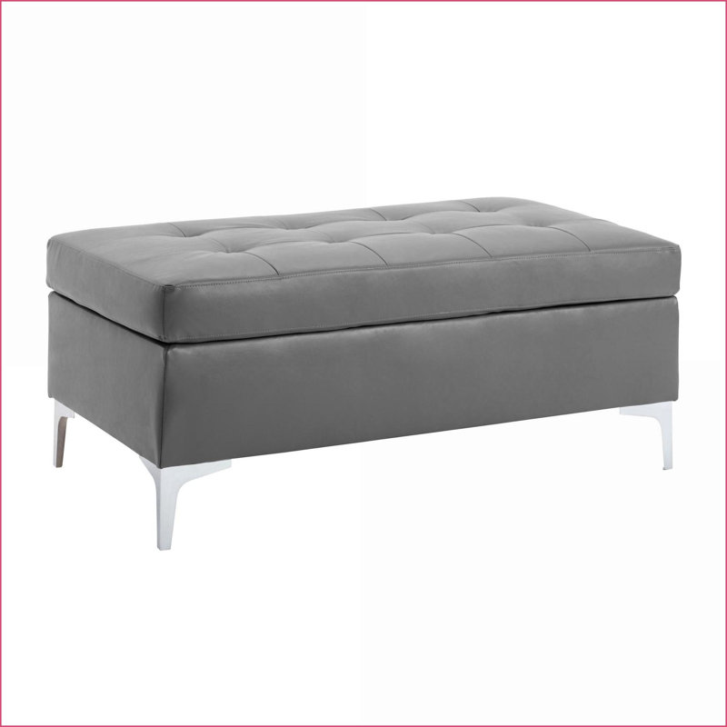 Repose-pieds | Similicuir touffeté gris ardoise | Structure en bois massif | 45 po x 25 po x H 20 po | Pieds en métal argenté brossé