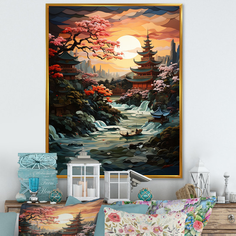 «Pohalski Asian Art Jade Palace Landscape I», reproduction sur toile, H 32 po x l 24 po x P 1 po, Cadre flottant doré
