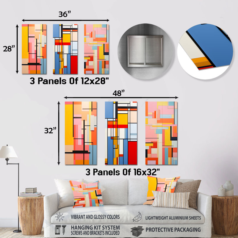Ensemble de 3 décorations murales géométriques en métal pastel De Stijl, H 28 po x l 36 po