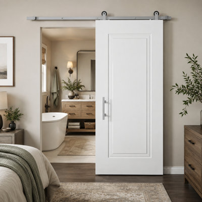 36"X84" White Primed 1 Flat Panel With 2 Steps Design Sliding Barn Door With Satin Nickel Finish Installation Hardware Kit and Stain Nickel Square Pull and Flush pull