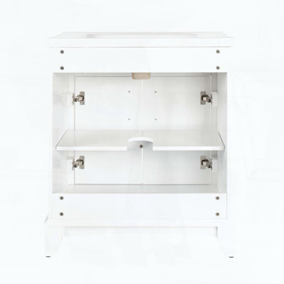 Meuble de salle de bain solo avec tiroir, tablettes ajustables et pieds en bois massif, blanc