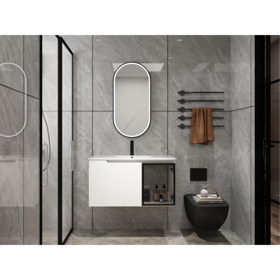 Meuble-lavabo 36 po avec lavabo en céramique, 2 portes à fermeture en douceur, meuble-lavabo blanc brillant, demi-porte en verre gris, armoire en contreplaqué pour l'élégance, transformation 1/2 A