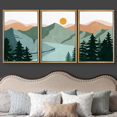 «Pastel Green Mountain Forest River», reproduction sur toile 3 pièces