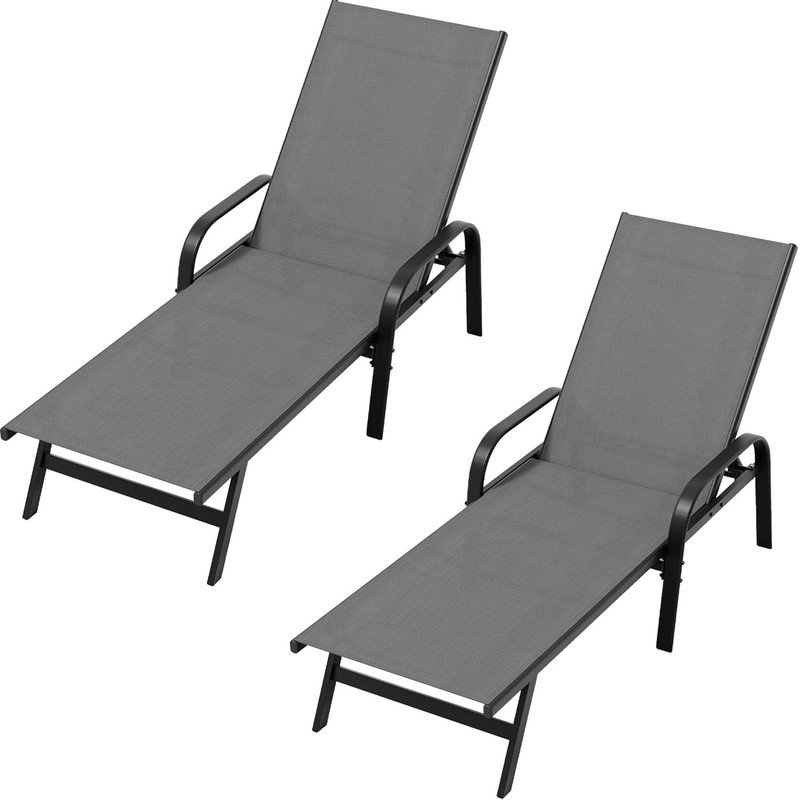 Set of 2 Outdoor Lounge Chairs with 5-Position Adjustable Backrest, PVC-coated polyester Fabric, Metal Frame for Patio, Garden, Poolside, Balcony
