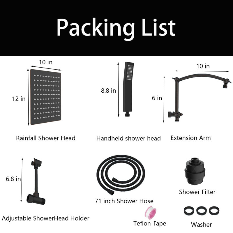 12'' Filtered Rainfall Shower Head With Handheld Combo,, 16'' Adjustable Arc Extension Arm, 20 Stage Shower Filter, 71'' Hose
