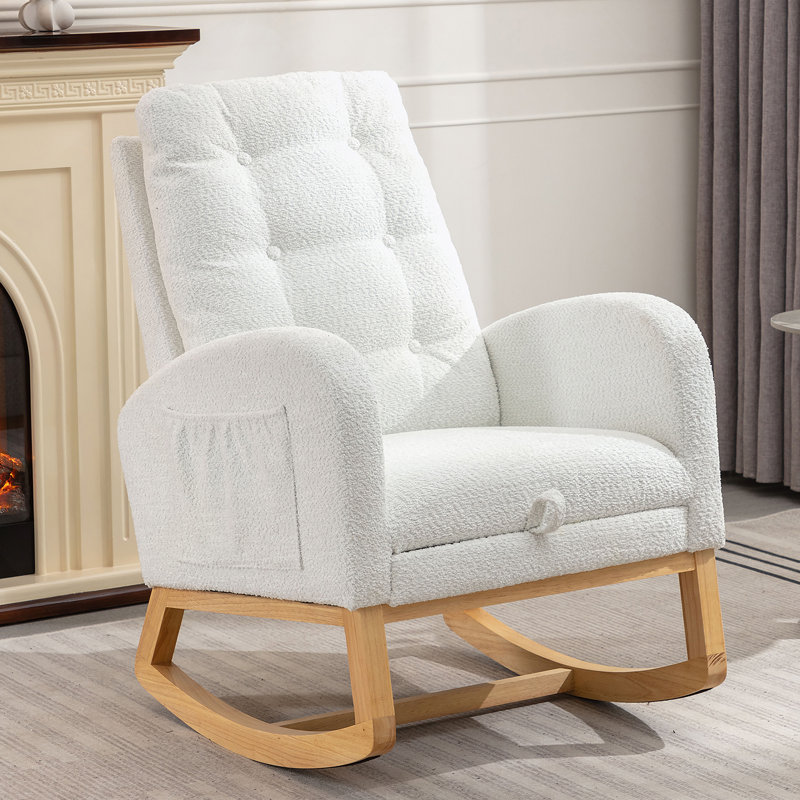 Chaise berçante d'appoint avec repose-pieds et pieds en bois d'hévéa à haut dossier, Blanc