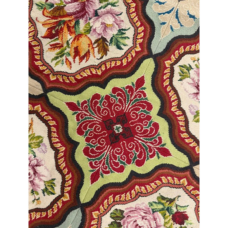 1880s Multicolor Floral Classical Antique European Needelpoint Wool Square Rug 11'0" x 12'0" Area Rug