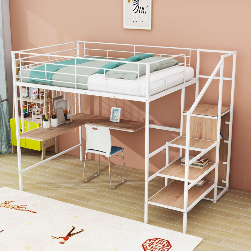 Metal Loft Bed With LED Lighting, Built-In Desk,Staircase, And Wardrobe, Full, White