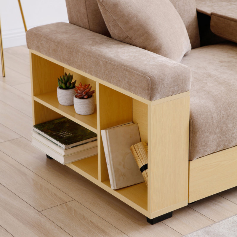 Convertible Sleeper Sofa Couch,Multifunctional Double Folding Sofa Bed,Storage Ottoman And Sofa Arm With  Box And Drawer, Drop Down Table With 2Cup Holders For Living Room,Apartment,Office