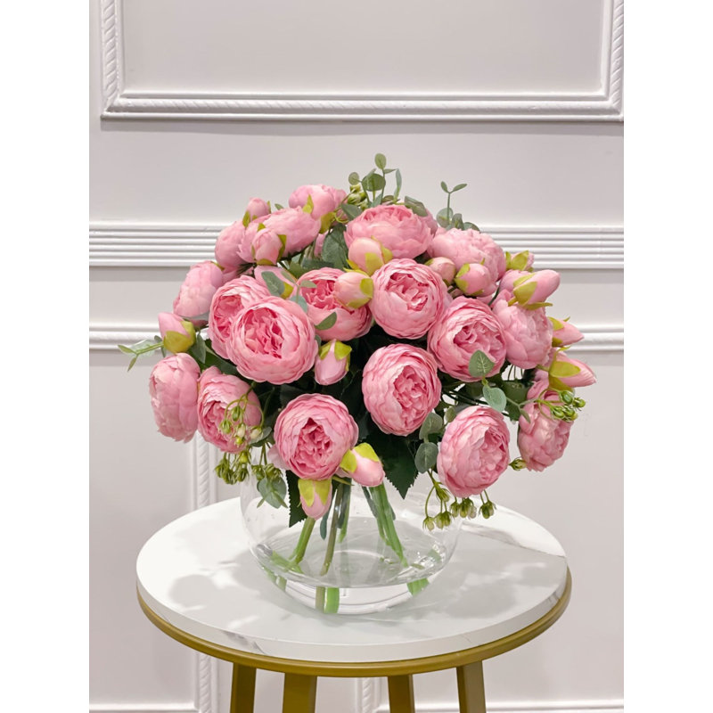 White Peony Faux Centerpiece In Glass Vase, Pink