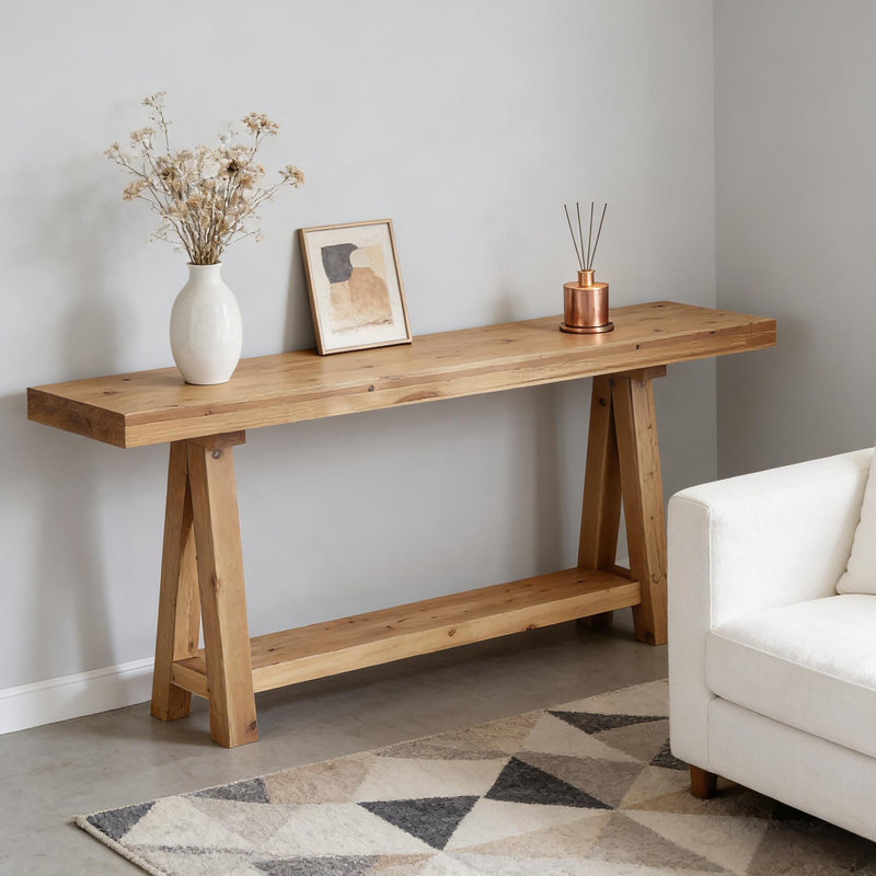 Table d'entrée en bois massif de style naturel avec rangement à deux niveaux, conception campagnarde pour une utilisation polyvalente à la maison