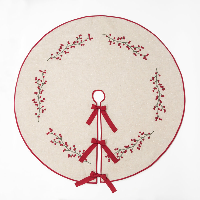 Natural Linen Embroidered Holly Berry Tree Skirt