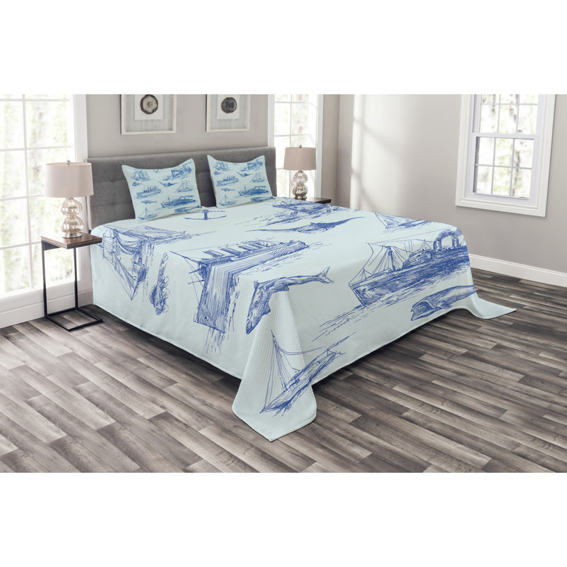 Nautical Bedspread Set with Cushion Cover, 220 x 220 cm Bedspread - 2 Shams