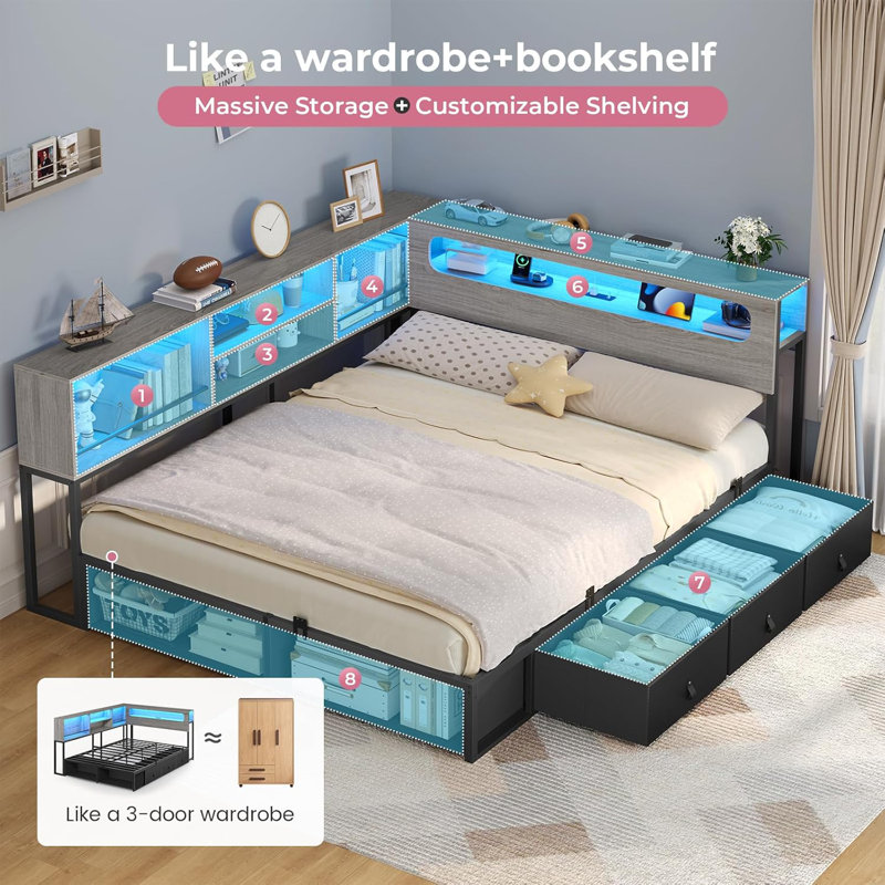 Corner Bed Frame Full Size With Bookcase Storage & Rgb Lights, Charging Station, Metal Daybed With 3 Drawers & 2 Open Cubbies, For  Small Space
