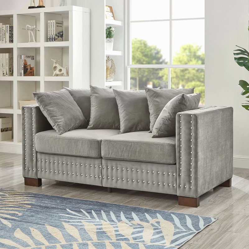 Causeuse rembourrée en velours avec accoudoirs carrés décoratifs Modern Design, Gris