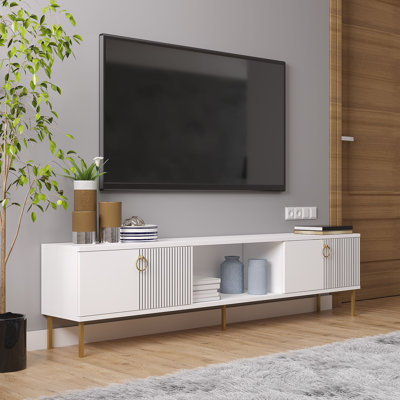 Modern White TV Stand, 70.9 x 17.7 x 11.8 Inches | 100% Melamine Coated Particle Board, Thickness: 0.7 Inches | Wall-Mountable, Geometric Design, Stylish & Functional for Living Room & Entertainment Spaces