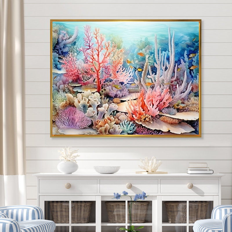 Rose et bleu sous l'eau, corail Wold I - art mural corail sous l'eau, Cadre flottant doré, H 12 po x l 20 po x P 1 po