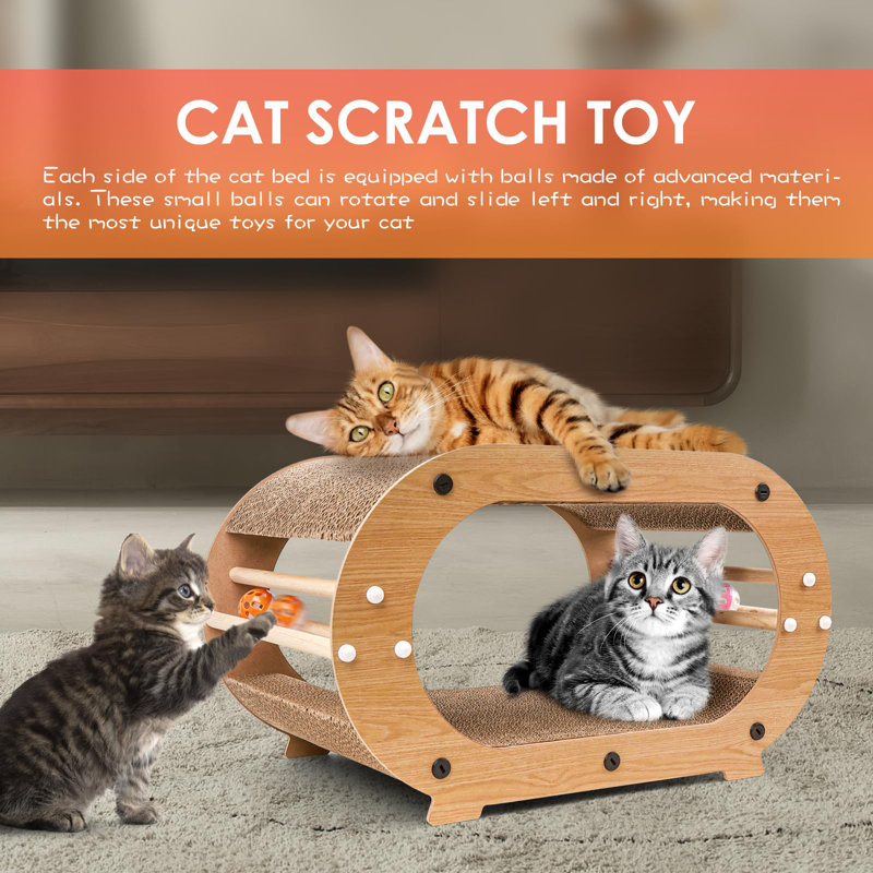 Large Natural Wood Double Layer Cat Scratcher Bed with Toys