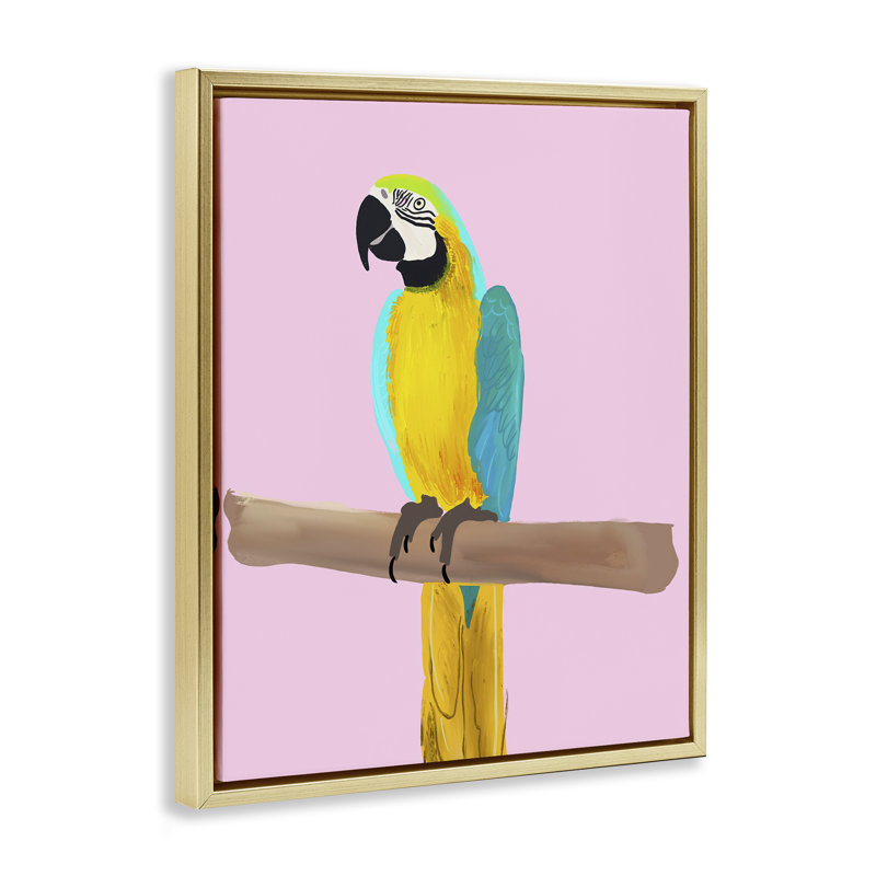 "Bright perroquet sur fond noir encadré" par Ashley Singleton, Cadre flottant métallique doré, H 21 po x l 17 po