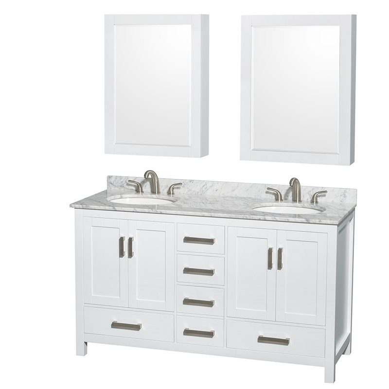 Sheffield 60" Double Bathroom Vanity Set with Mirror, White Carrara Marble, White, 8" Centers